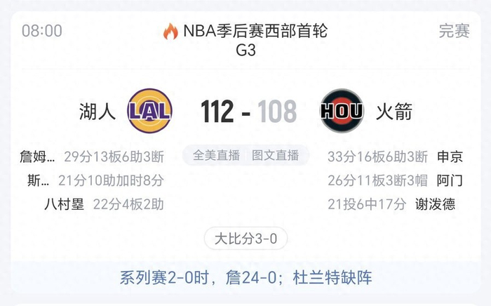 湖人逆转火箭詹姆斯关键表现助队险胜